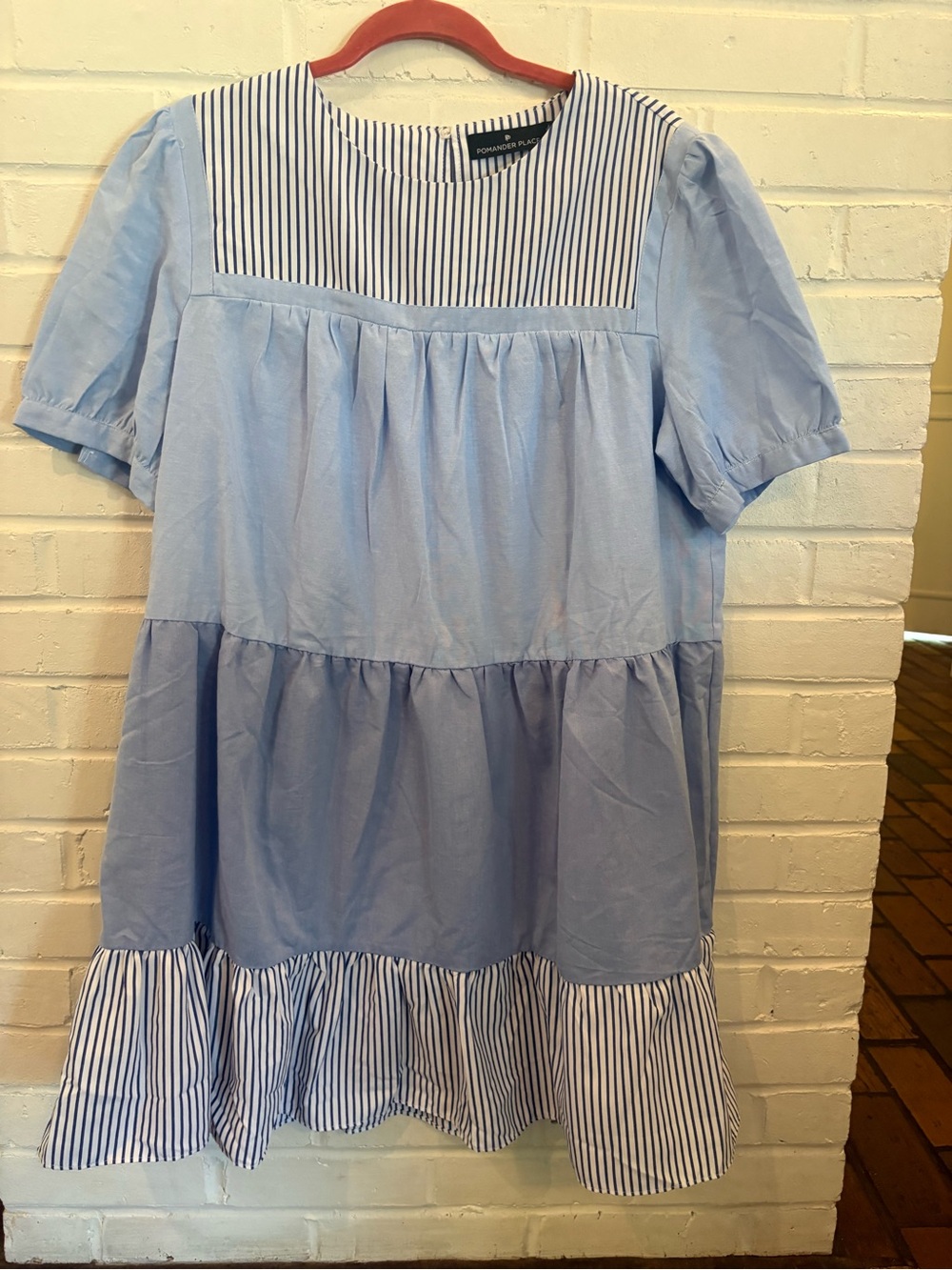Pomander Place Light Blue Tiered Cotton Dress with Navy-White Stripe Yoke